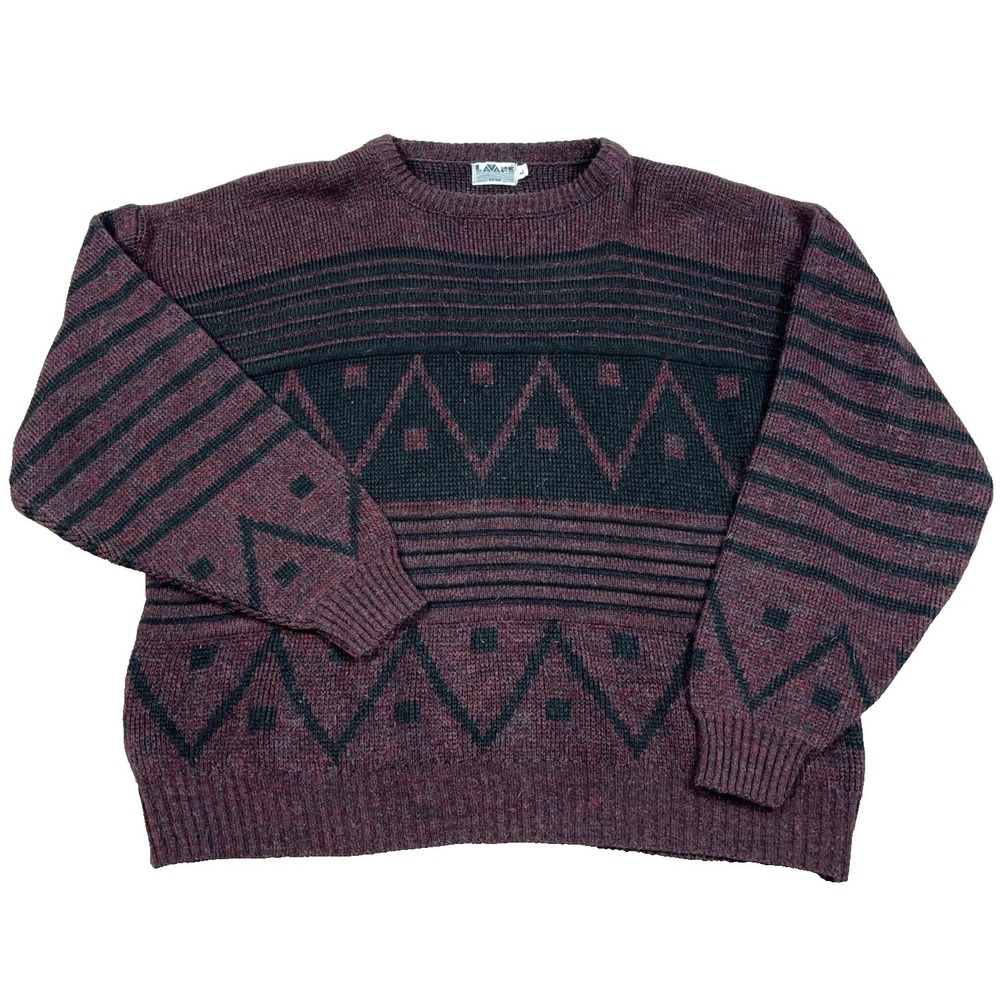 Vintage Grandpa Sweater Men Large Maroon‎ Black Geometric Acrylic Knit Cosby Y2K